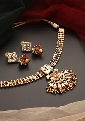 Red Gold Tone Kundan Temple Necklace Set