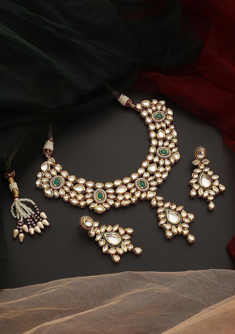 Green Gold Tone Kundan Necklace Set - Indya
