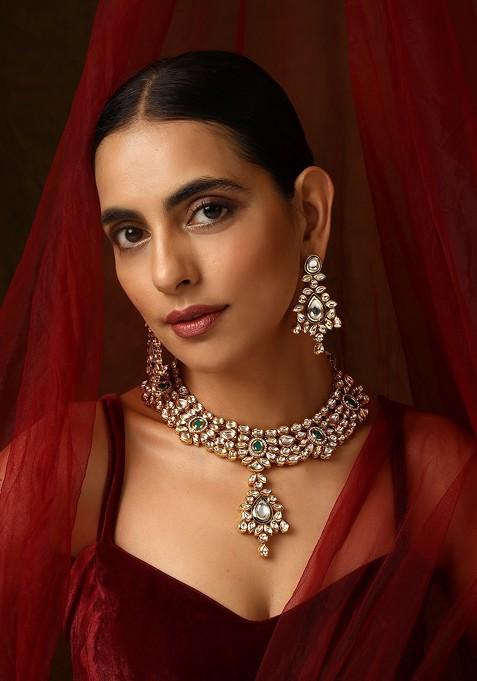 Green Gold Tone Kundan Necklace Set