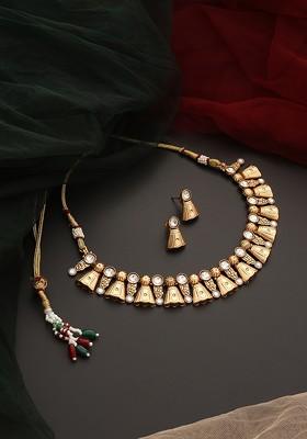 Gold Tone Kundan Temple Necklace Set