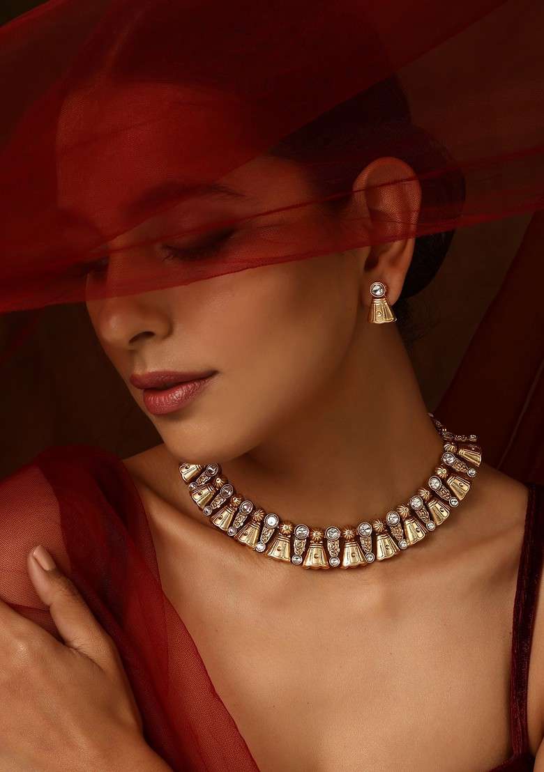 Gold Tone Kundan Temple Necklace Set - Indya