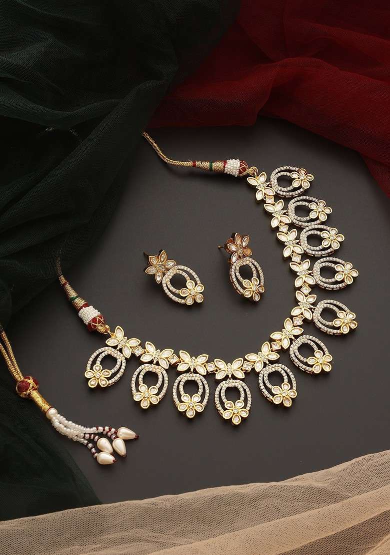 Gold Tone Polki Necklace Set - Indya