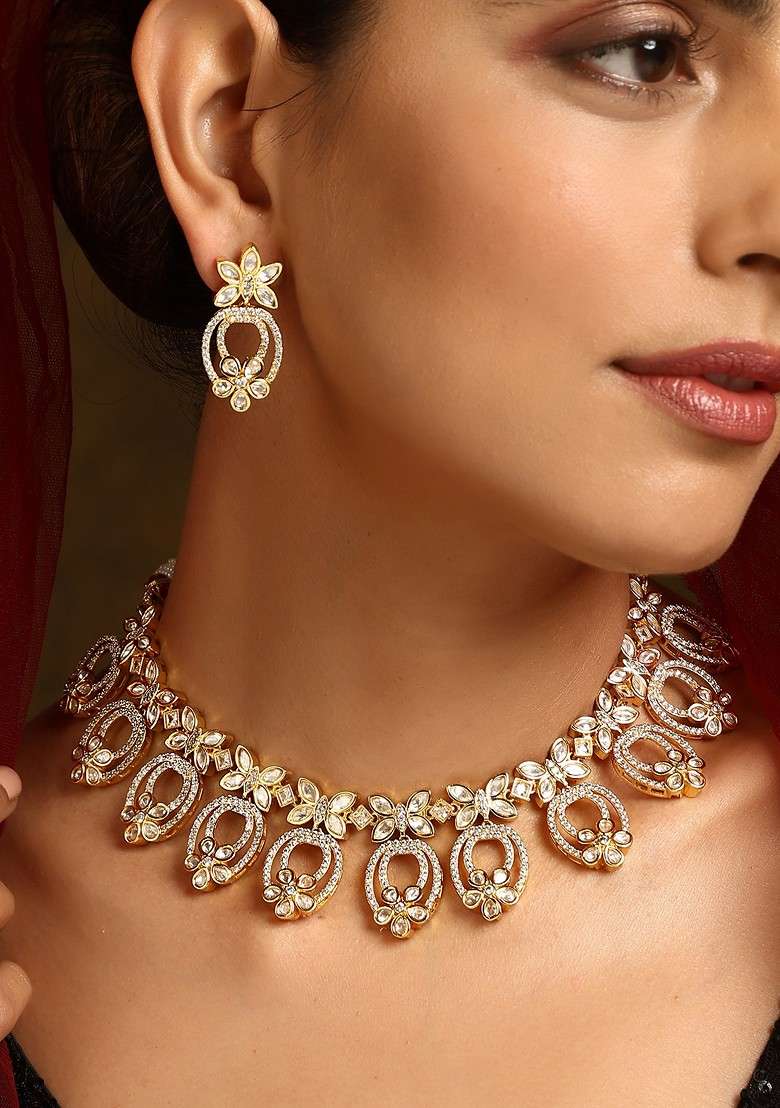 Gold Tone Polki Necklace Set - Indya