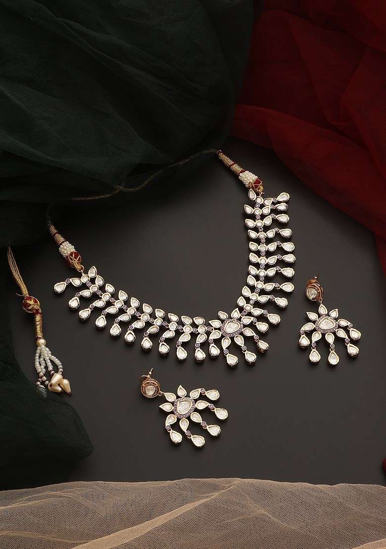 Lavender Rose Gold Tone Polki Necklace Set - Indya