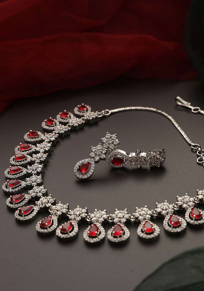 Red Silver Tone Zirconia Necklace Set - Indya