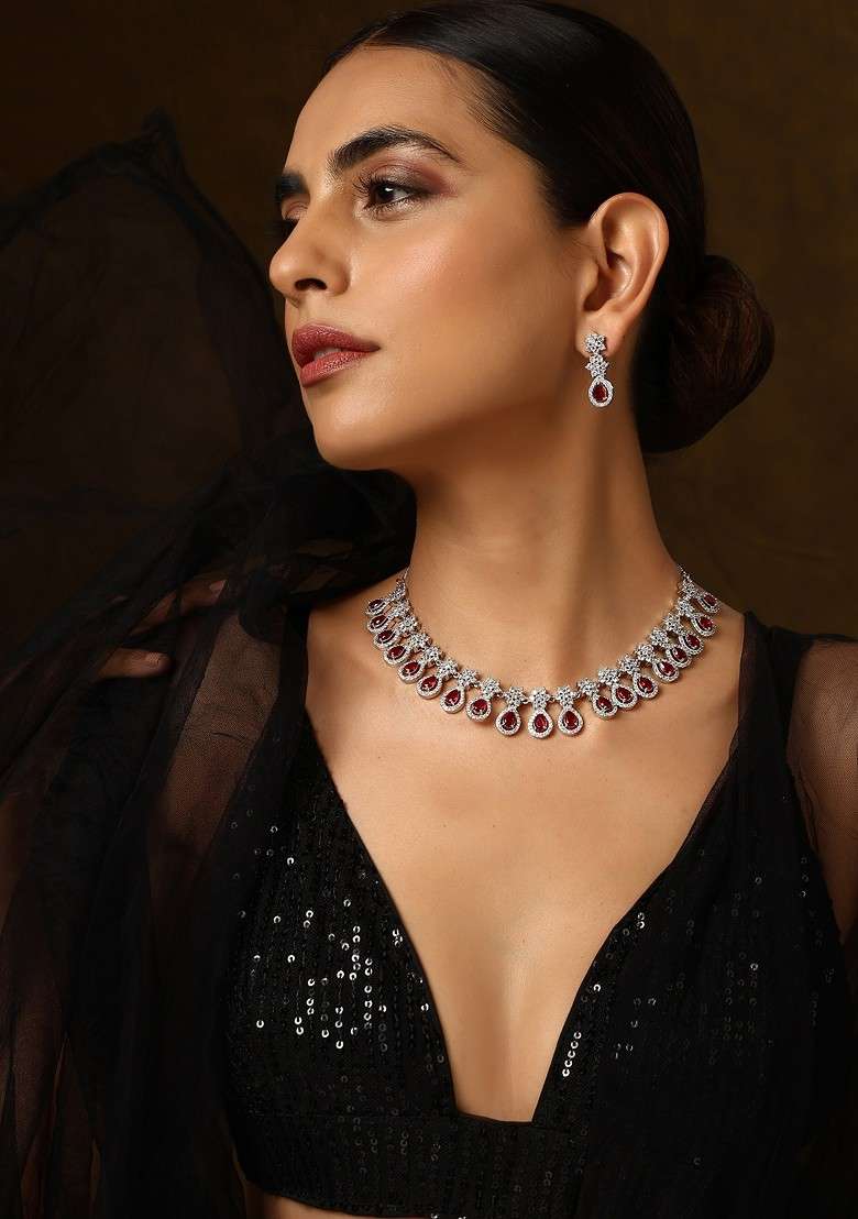 Red Silver Tone Zirconia Necklace Set - Indya