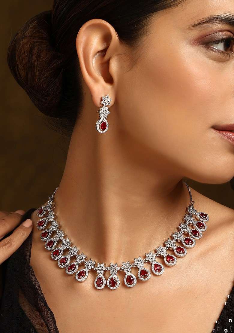 Red Silver Tone Zirconia Necklace Set - Indya