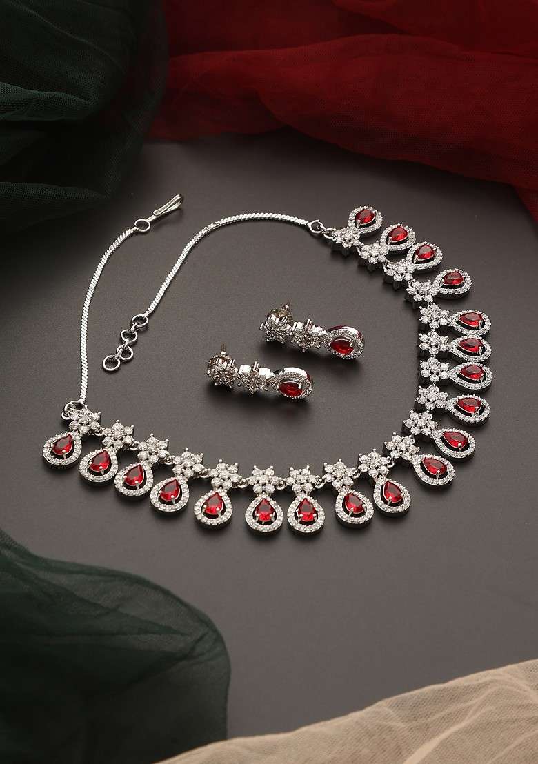 Red Silver Tone Zirconia Necklace Set - Indya