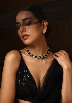 Green Silver Tone Zirconia Single Line Necklace Set