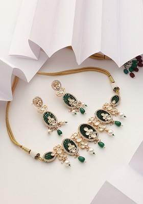 Green Gold Tone Polki Choker Necklace Set