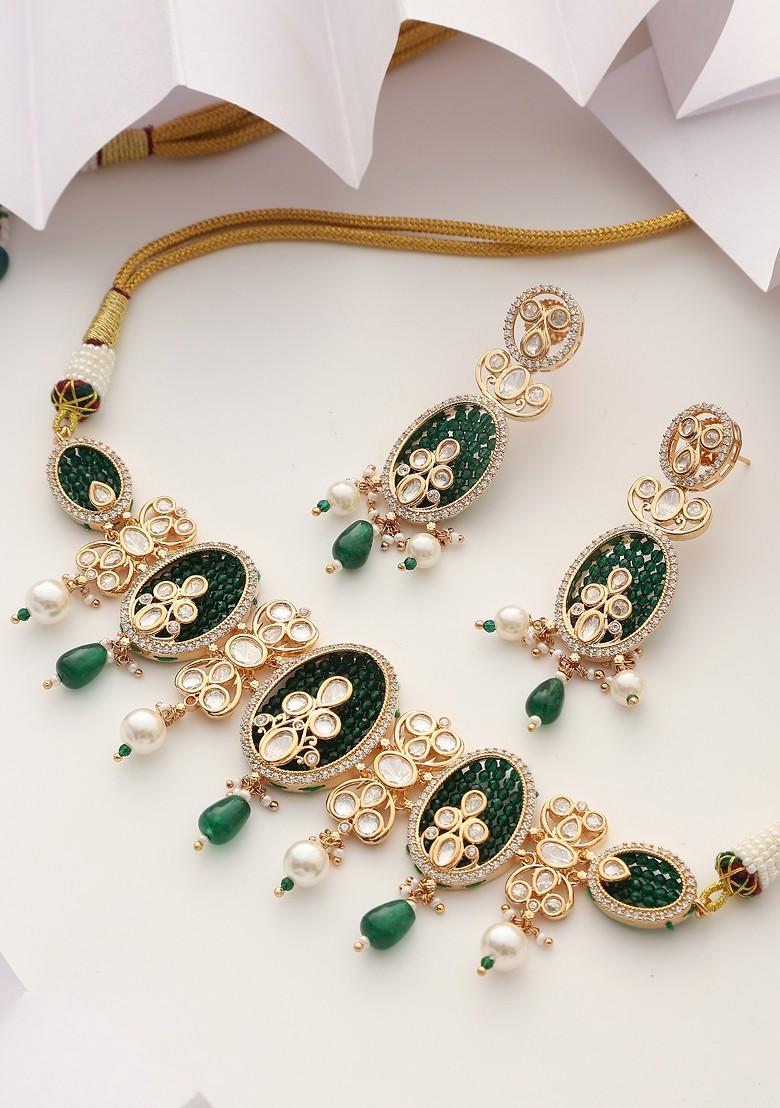 Green Gold Tone Polki Choker Necklace Set - Indya