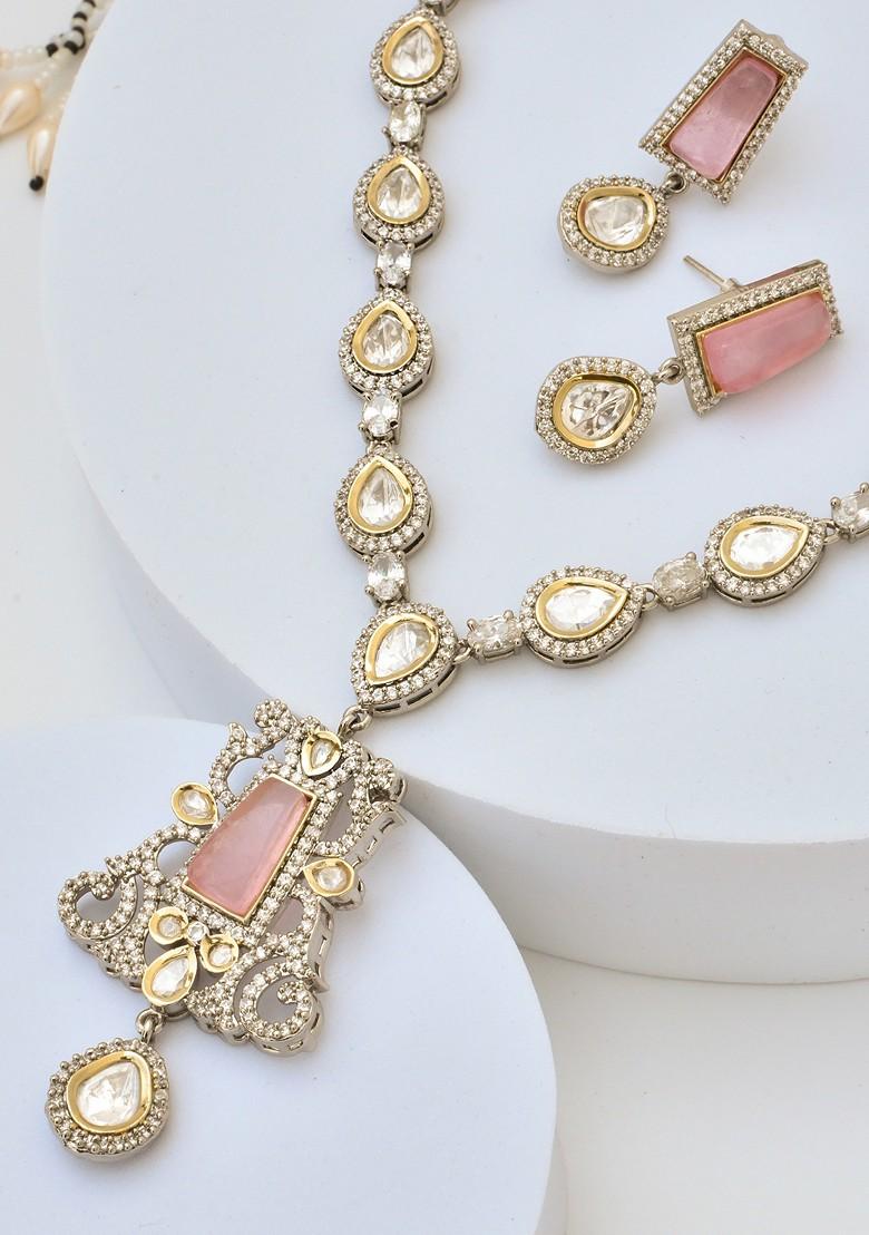 Pink Silver Tone Polki Pendant Necklace Set