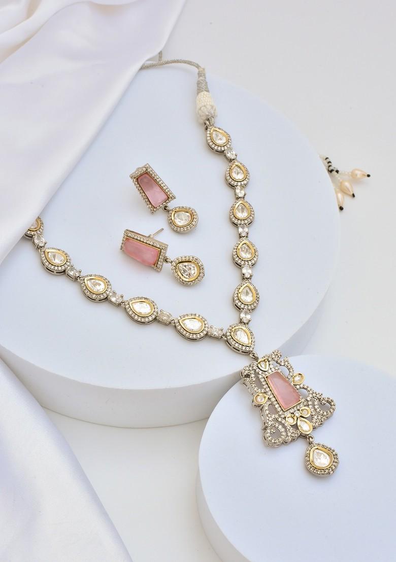 Pink Silver Tone Polki Pendant Necklace Set