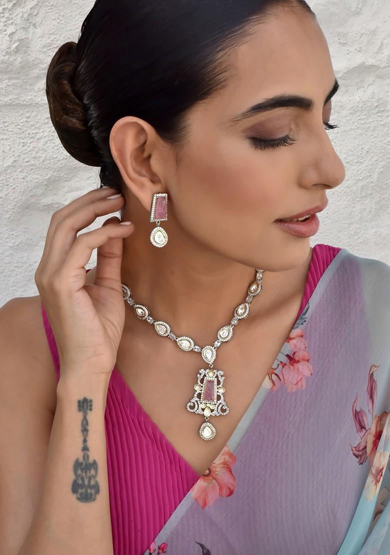 Pink Silver Tone Polki Pendant Necklace Set