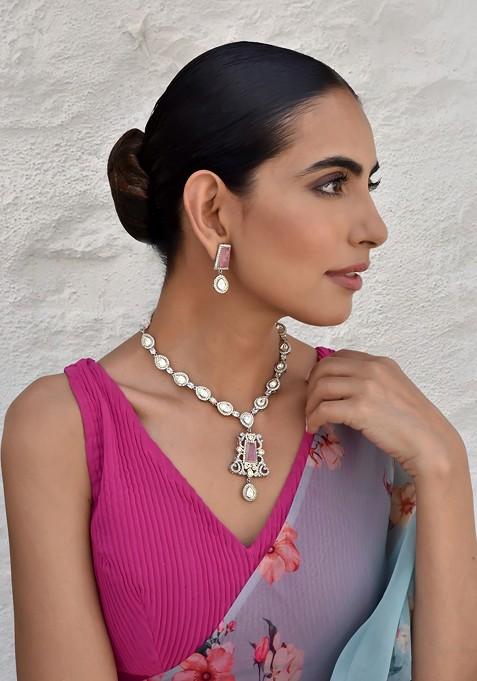 Pink Silver Tone Polki Pendant Necklace Set