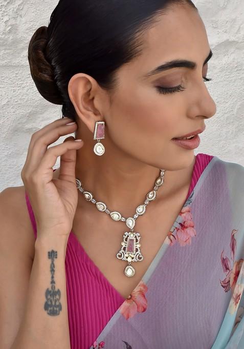 Pink Silver Tone Polki Pendant Necklace Set