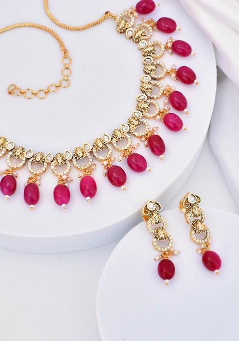 Red Gold Tone Polki Necklace Set