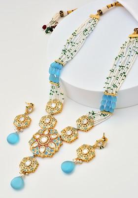 Blue Gold Tone Polki Necklace Set