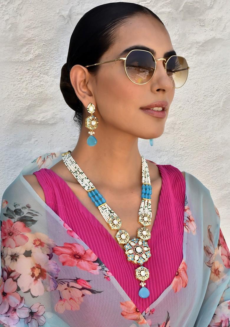 Blue Gold Tone Polki Necklace Set - Indya