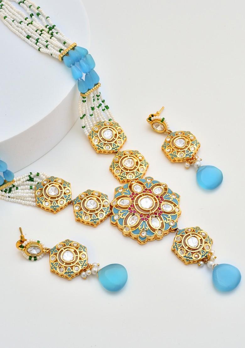 Blue Gold Tone Polki Necklace Set - Indya