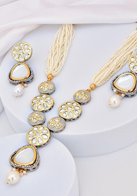 White Silver Tone Kundan Necklace Set