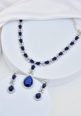 Sapphire Blue Silver Tone Necklace Set