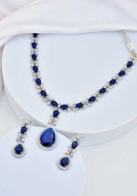 Sapphire Blue Silver Tone Necklace Set