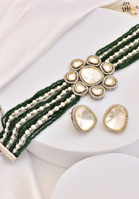 Green Silver Tone Polki Choker Necklace Set