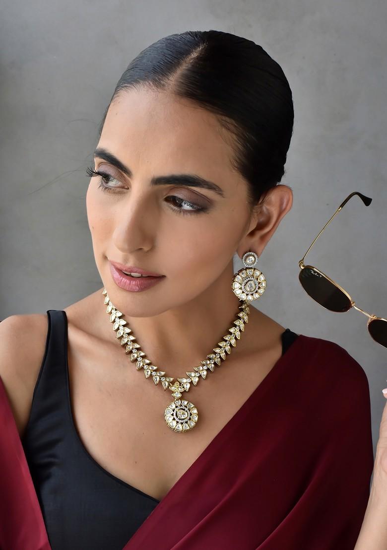 Silver Tone Polki Pendant Necklace Set