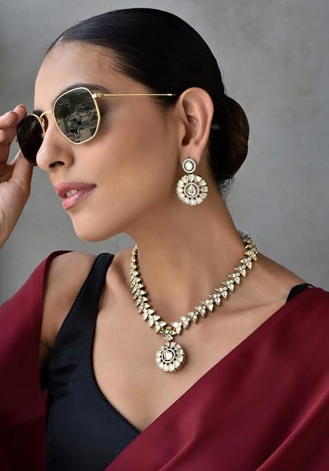 Silver Tone Polki Pendant Necklace Set