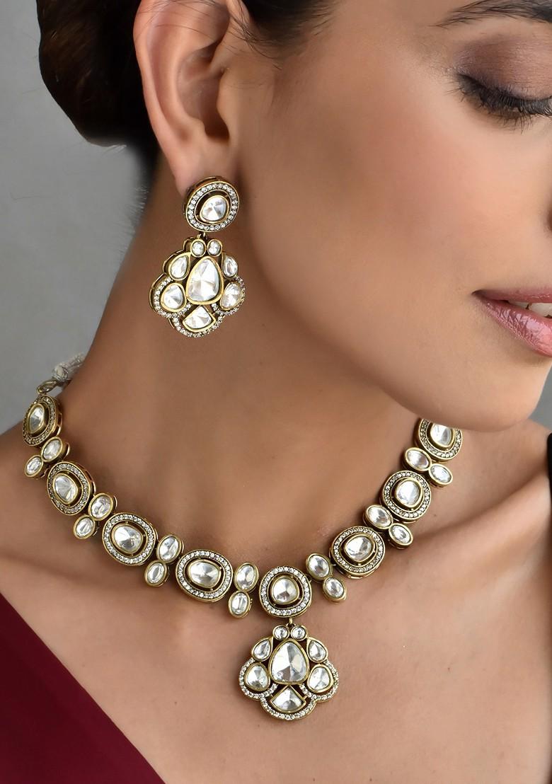 Gold Tone Polki Necklace Set - Indya