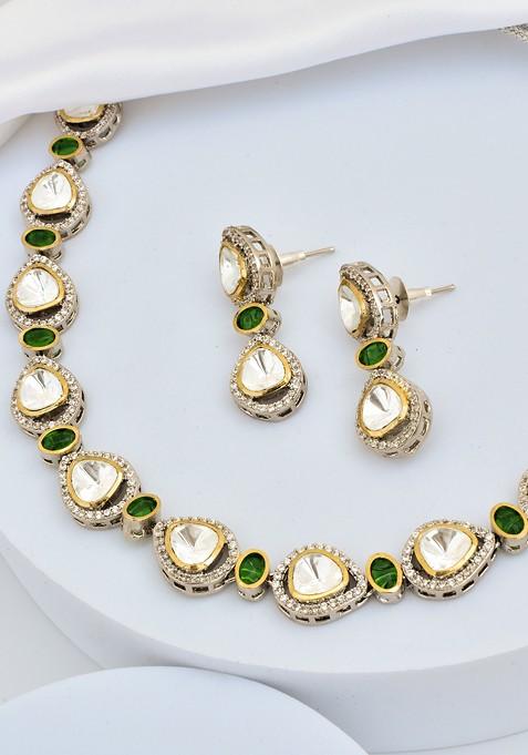 Green Silver Tone Polki Necklace Set