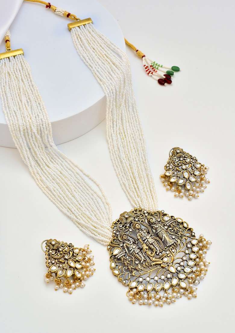 White Gold Tone Pearl Pendant Necklace Set - Indya