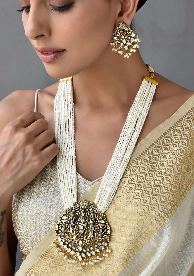 White Gold Tone Pearl Pendant Necklace Set - Indya