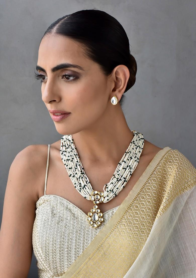 Green Gold Tone Kundan Pearl Necklace Set