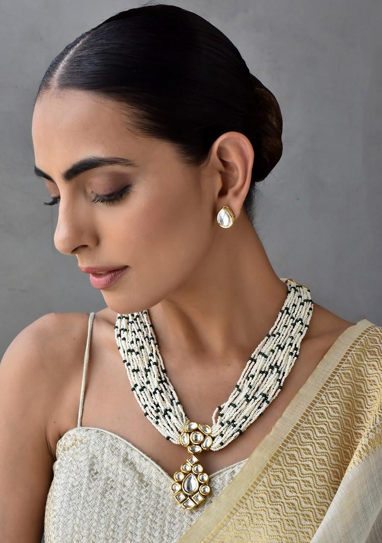 Green Gold Tone Kundan Pearl Necklace Set