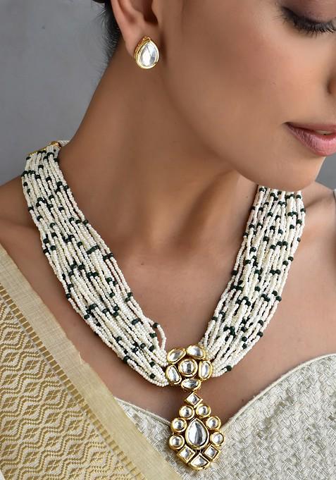 Green Gold Tone Kundan Pearl Necklace Set