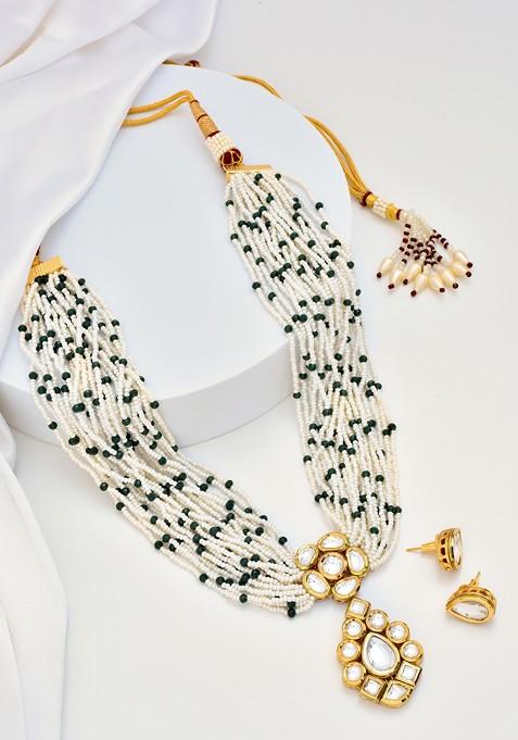 Green Gold Tone Kundan Pearl Necklace Set