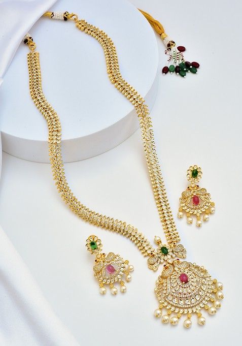 Red Gold Tone Kundan Long Necklace Set