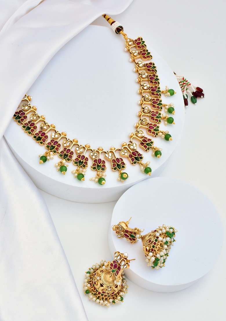 Multicolour Gold Tone Kundan Necklace Set - Indya