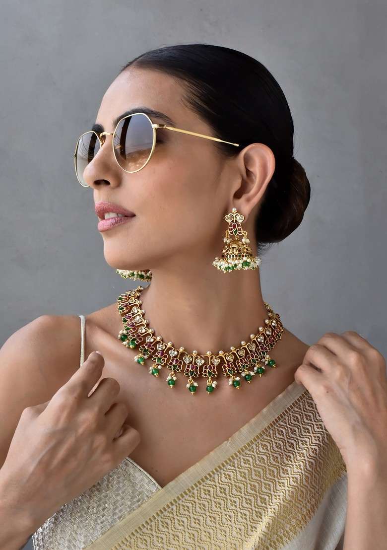 Multicolour Gold Tone Kundan Necklace Set - Indya