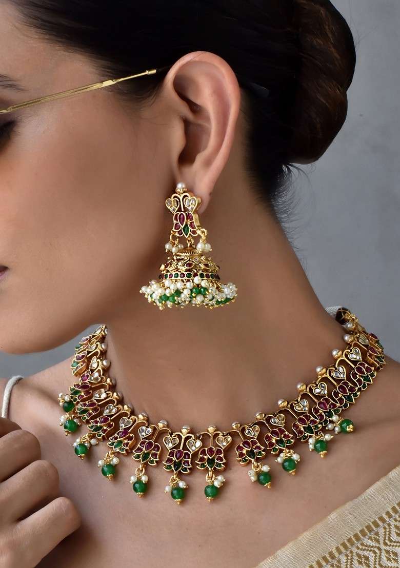Multicolour Gold Tone Kundan Necklace Set - Indya
