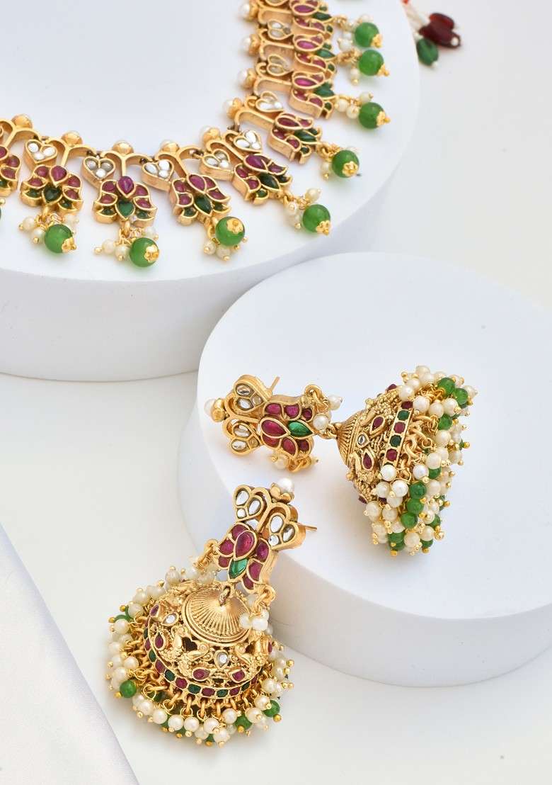Multicolour Gold Tone Kundan Necklace Set - Indya