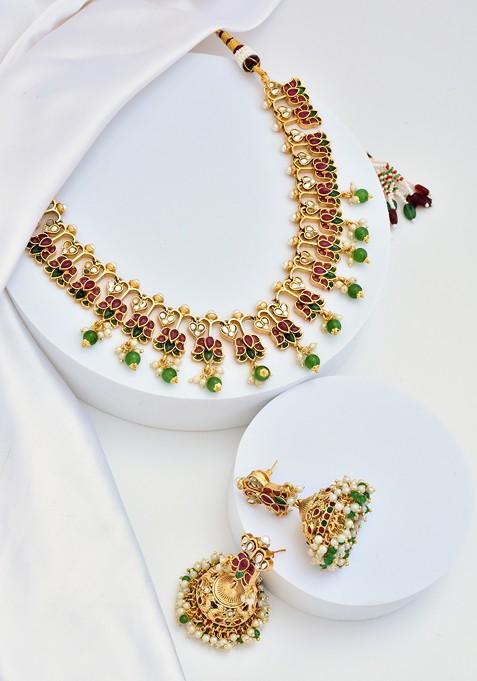 Multicolour Gold Tone Kundan Necklace Set