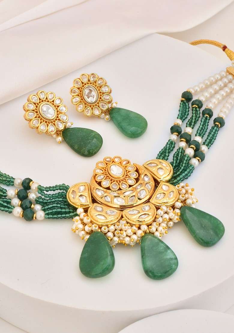 Green Gold Tone Polki Choker Necklace Set - Indya