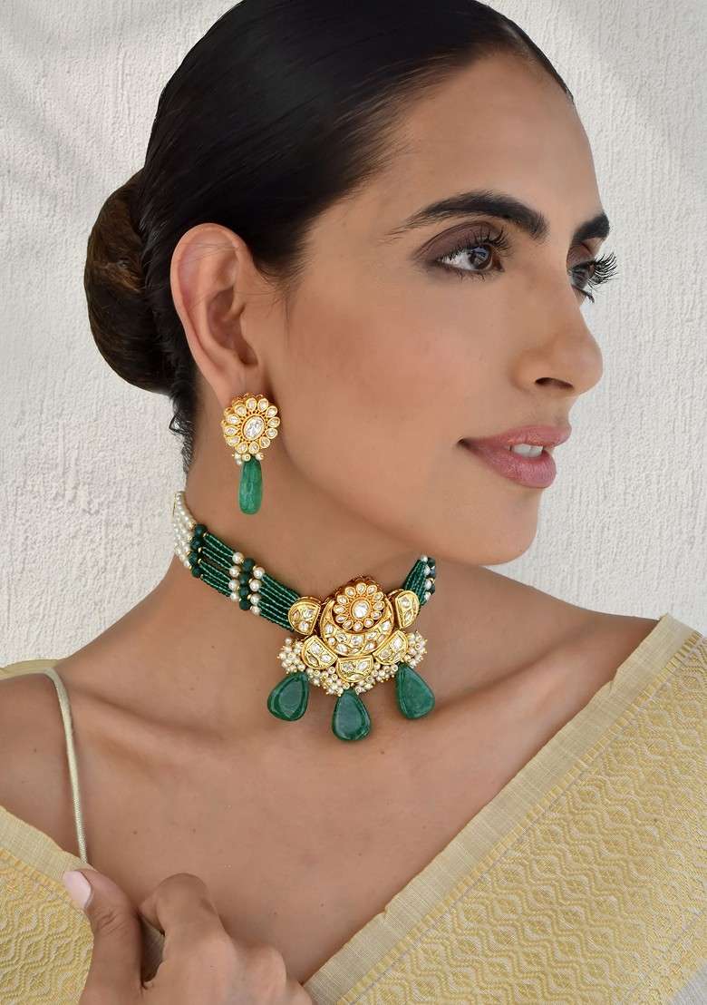 Green Gold Tone Polki Choker Necklace Set - Indya
