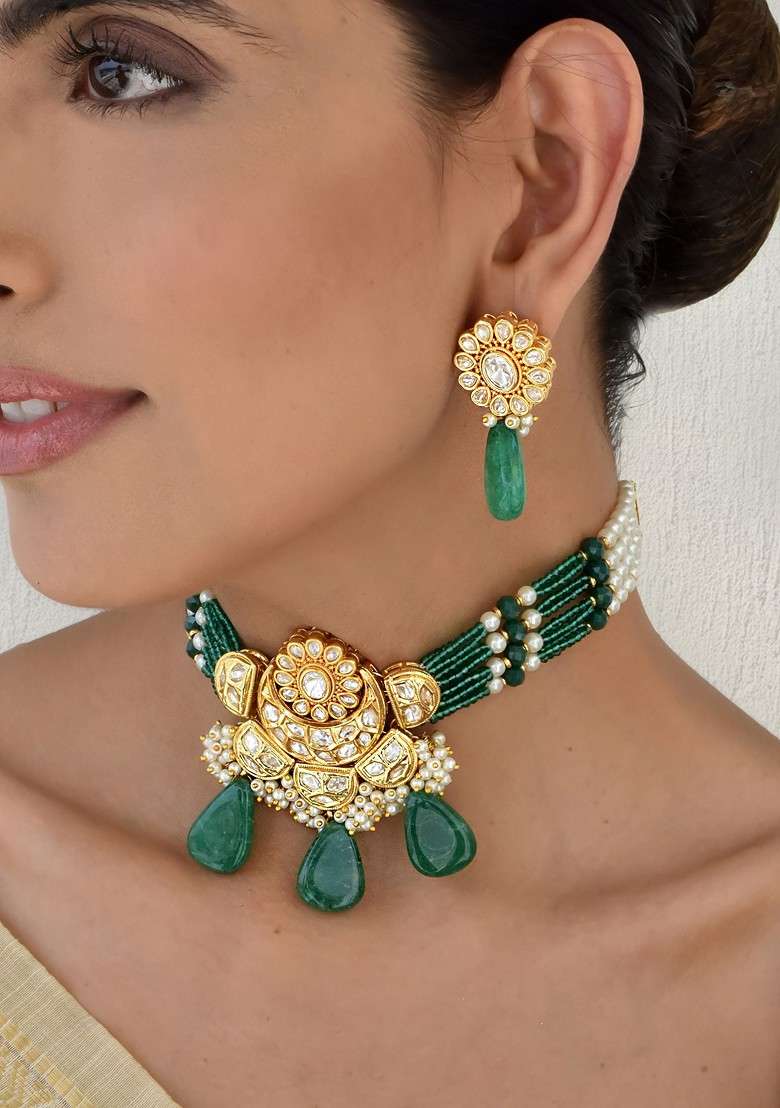 Green Gold Tone Polki Choker Necklace Set - Indya