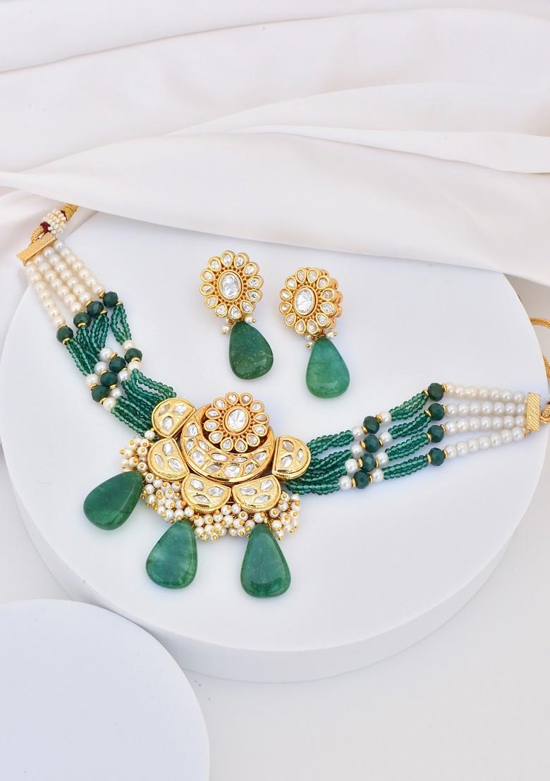 Green Gold Tone Polki Choker Necklace Set - Indya