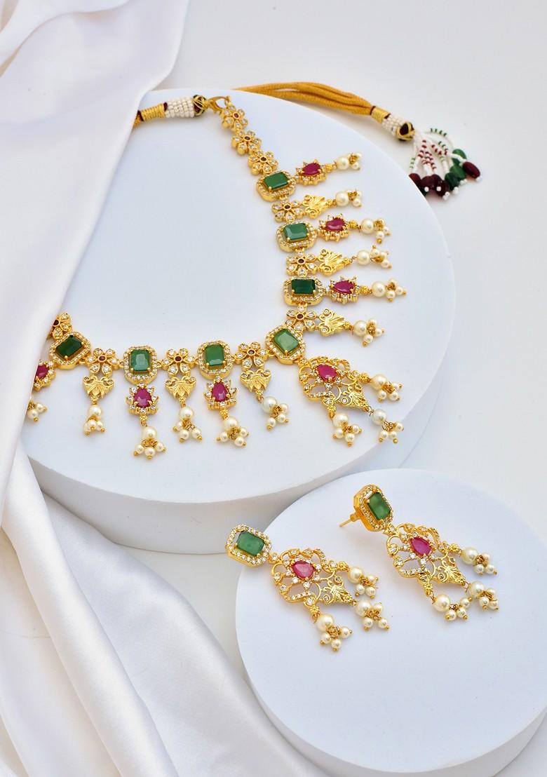 Green Gold Tone Kundan Necklace Set - Indya