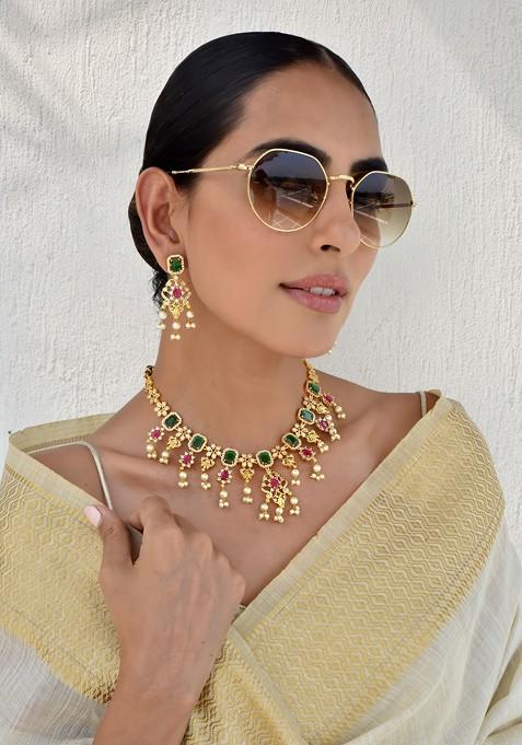 Green Gold Tone Kundan Necklace Set